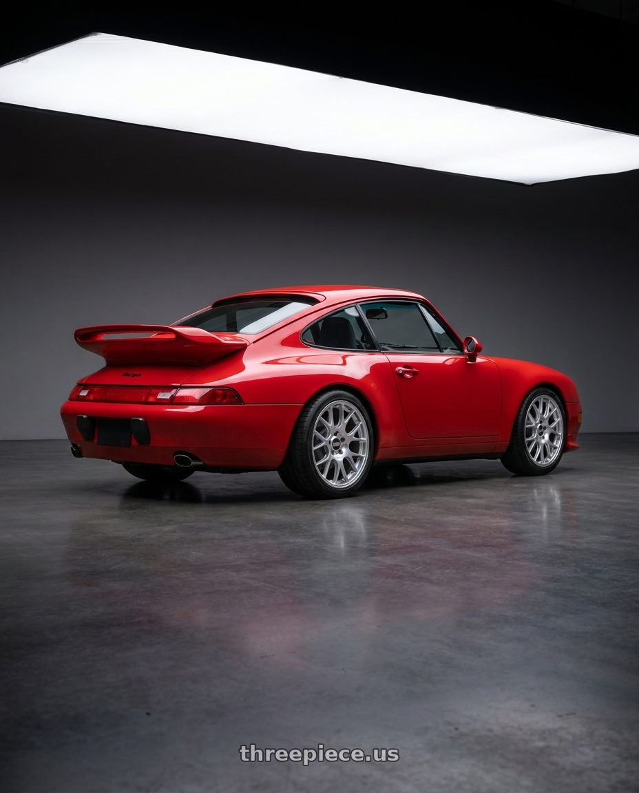 1996 Porsche 911 with BBS CH-R 5x130 19x12 +45 Brilliant Silver Polished Rim Protector wheels rear three quarter view square tires