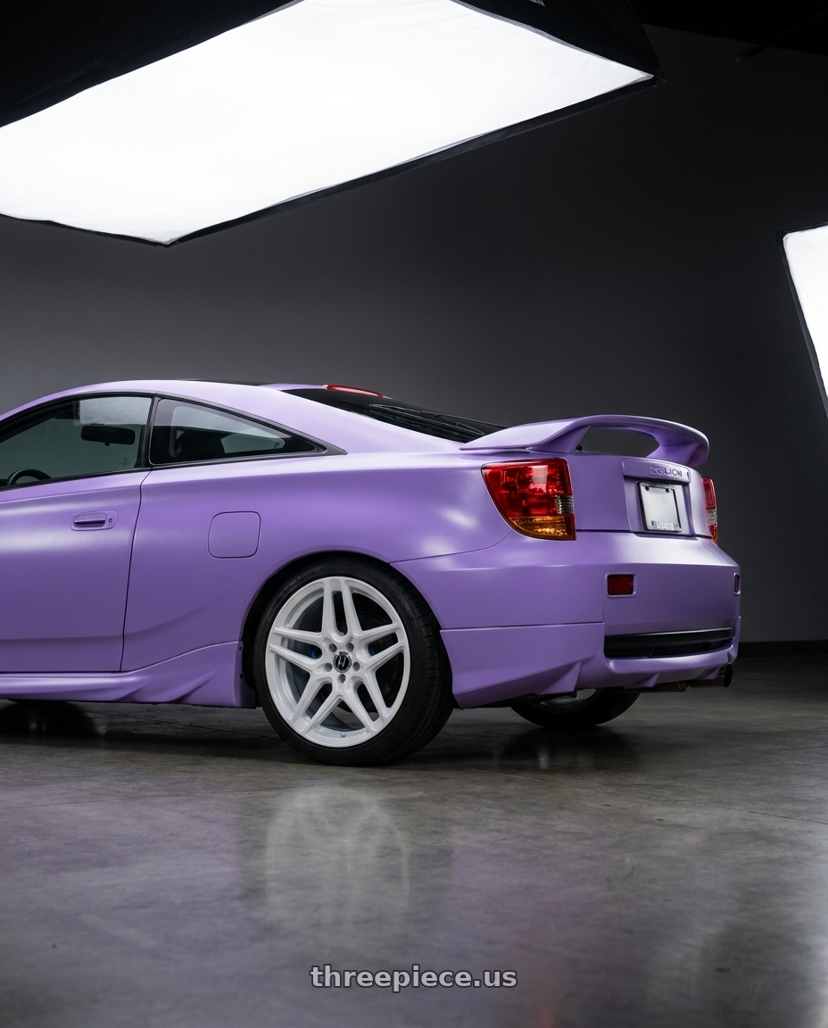 2004 Toyota Celica with Heritage Wheel EBISU MonoC 5x100 18x8.5+35 White wheels rear three quarter view square tires