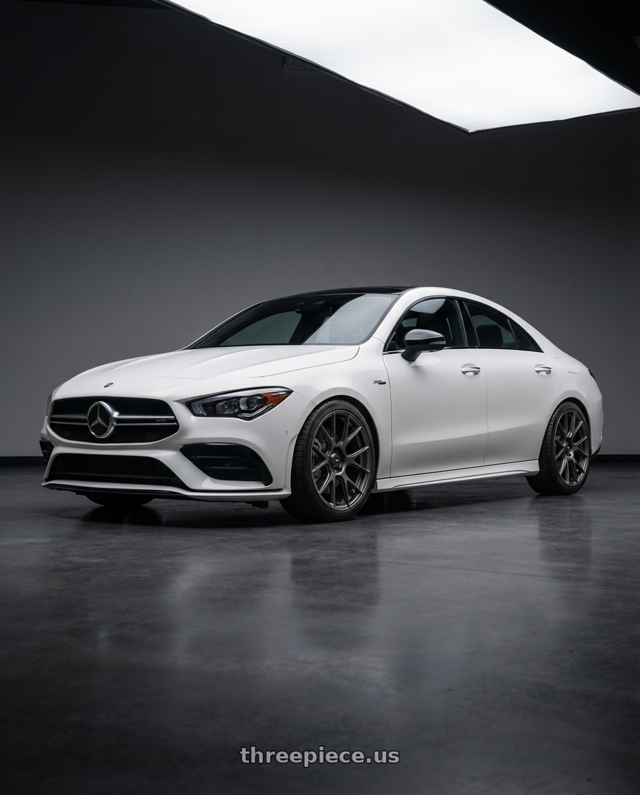 2023 Mercedes-Benz CLA C118 with Konig Ampliform 5x112 19x8.5+32 Dark Metallic Graphite wheels front three quarter view lowered stance
