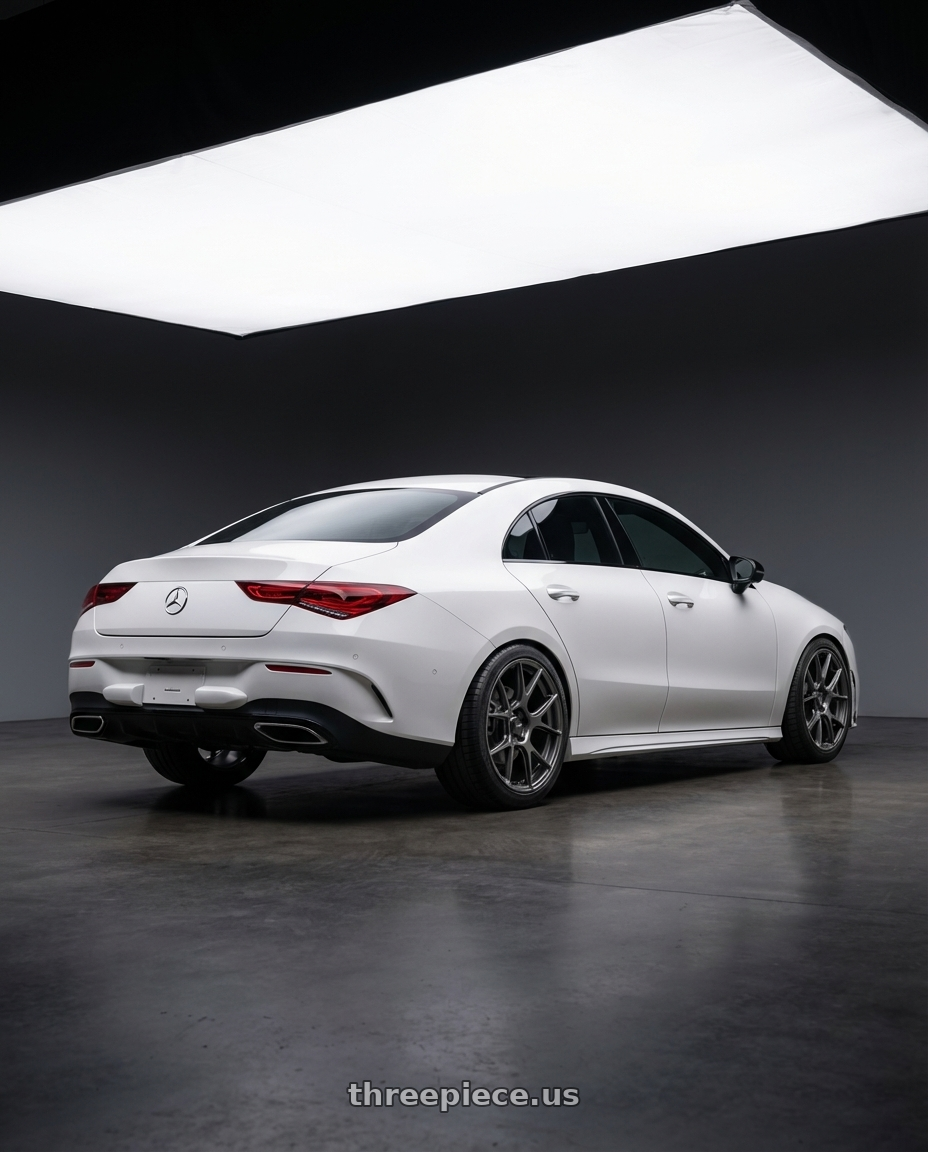 2023 Mercedes-Benz CLA C118 with Konig Ampliform 5x112 19x8.5+32 Dark Metallic Graphite wheels rear three quarter view square tires