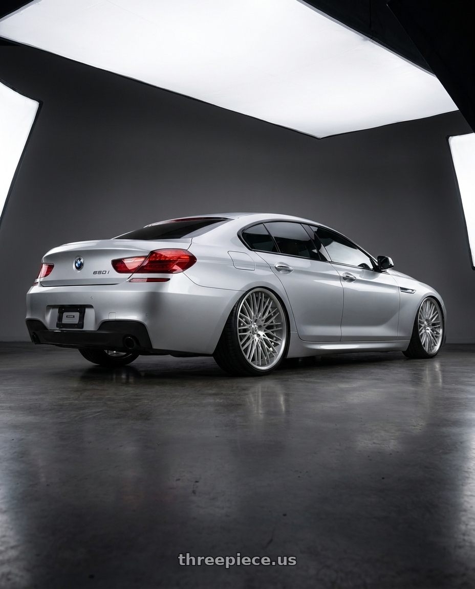 2014 BMW 650i with Asanti Forged CX857 5x120 22x9 +30 Brushed wheels rear three quarter view extreme stretch tires
