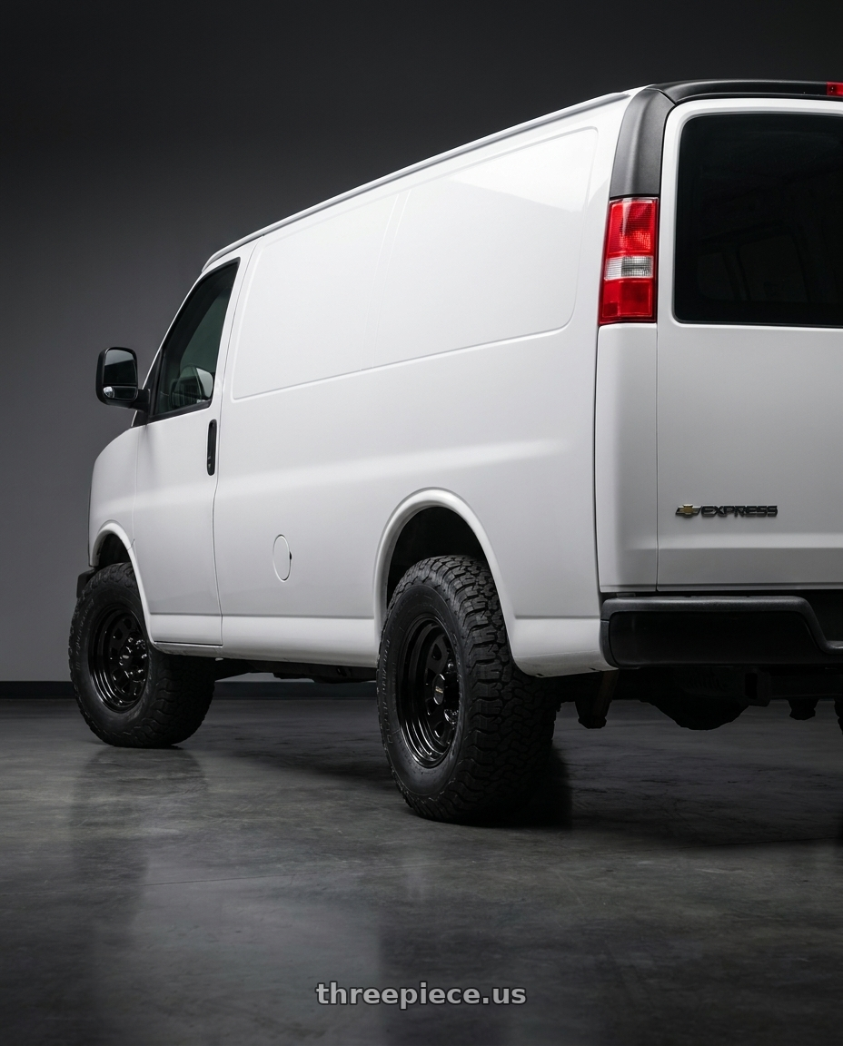 2022 Chevrolet extended express van with Vision HD 84H 8x165.1 17x9-12 Gloss Black wheels rear three quarter view meaty tires