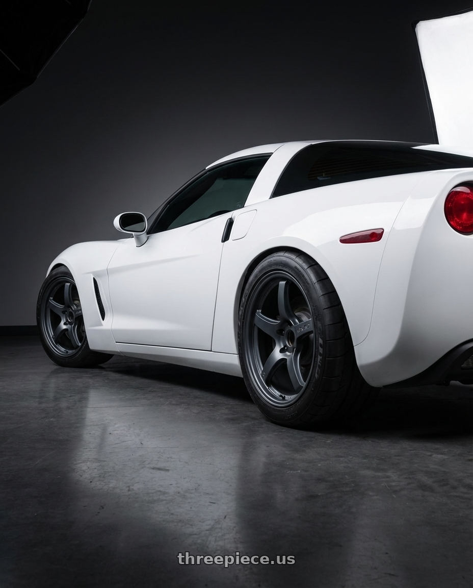 2013 Corvette C6 with Gram Lights 57CR 5x100 18x9.5+38 Gunblue II wheels rear three quarter view meaty tires