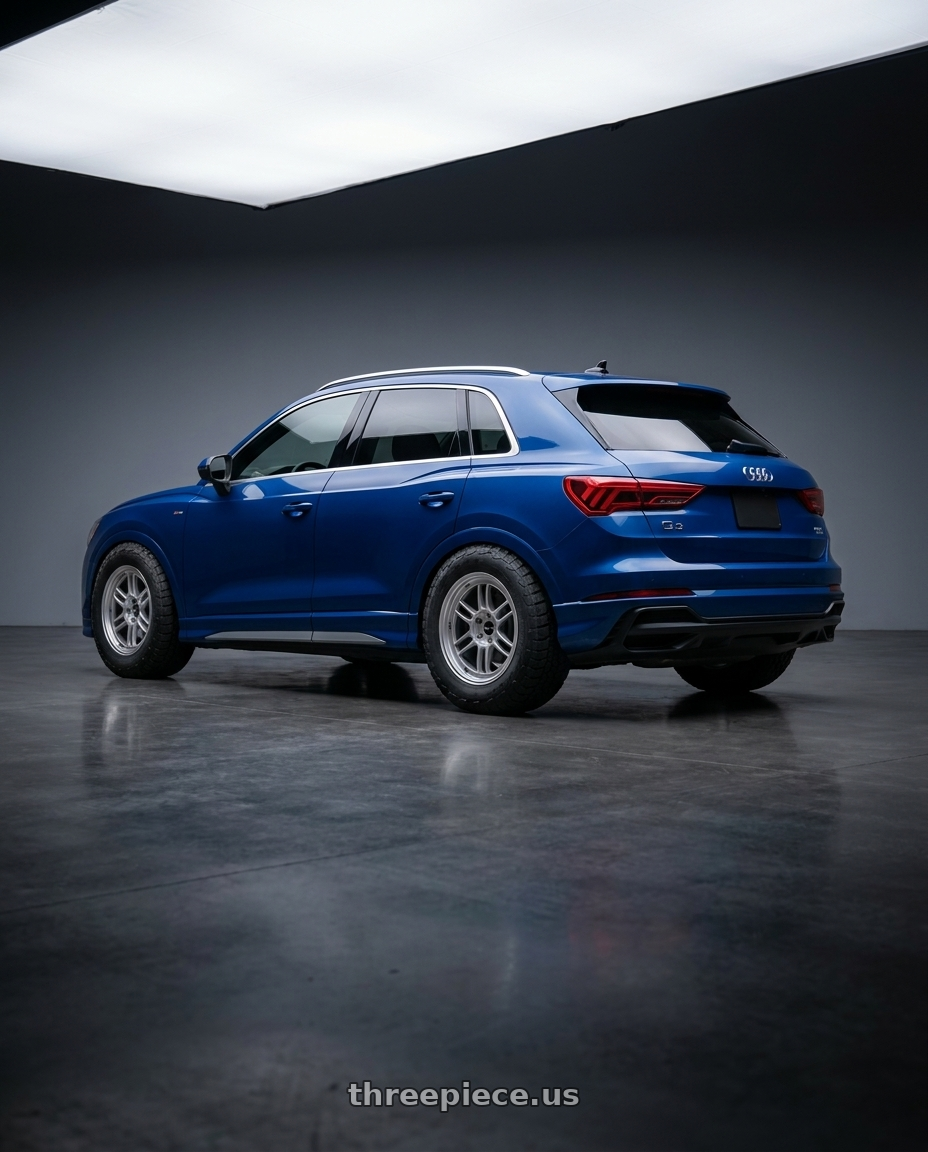 2022 Audi q3 Sline with Enkei RPF1 5x120 18x8.5+40 Silver wheels rear three quarter view meaty tires