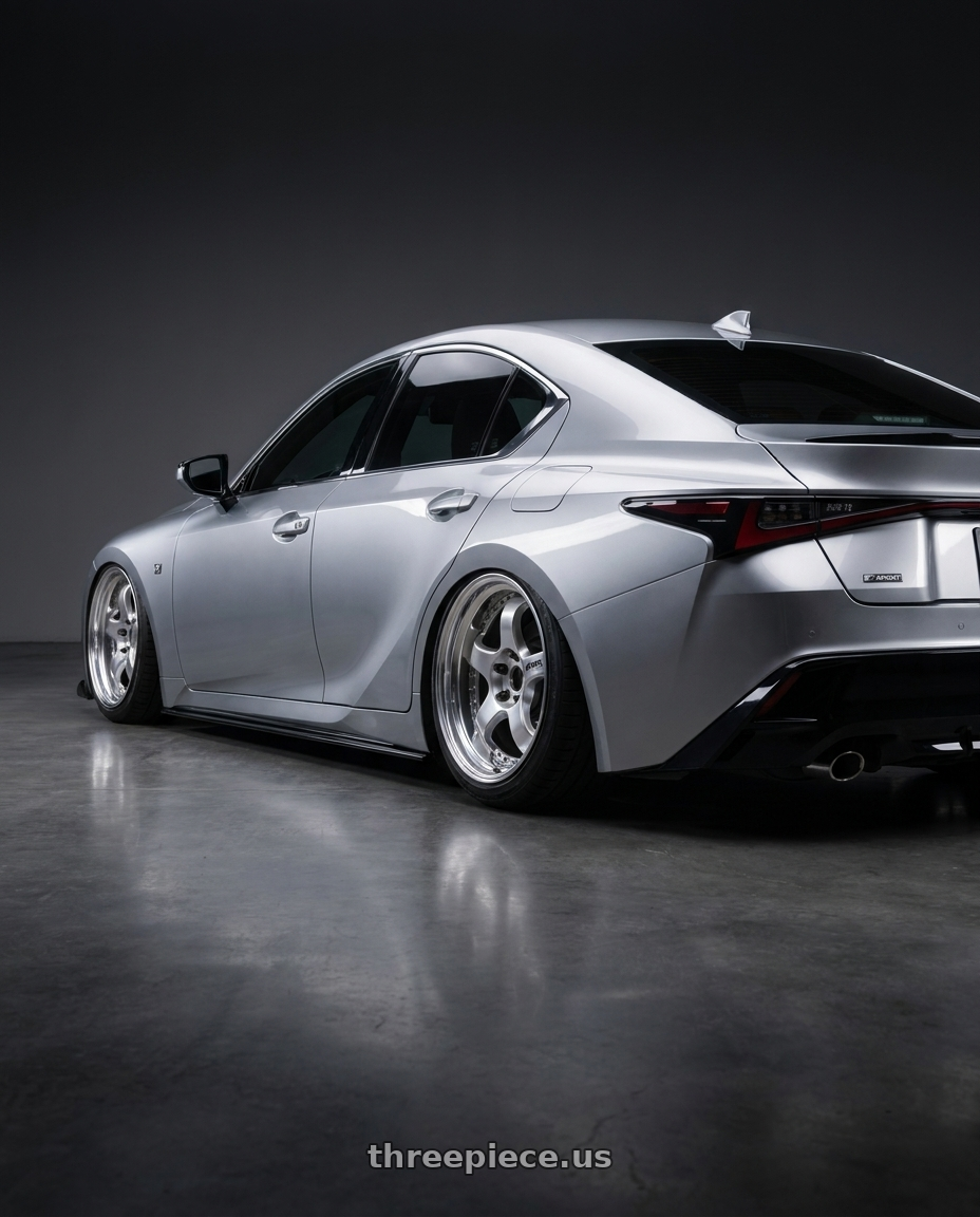 2024 LEXUS IS300 F SPORT DESIGN RWD Iridium Silver with Work Meister S1 3P 5x114.3 18x9.5+35 L Disk Bright Buff Finish wheels rear three quarter view square tires