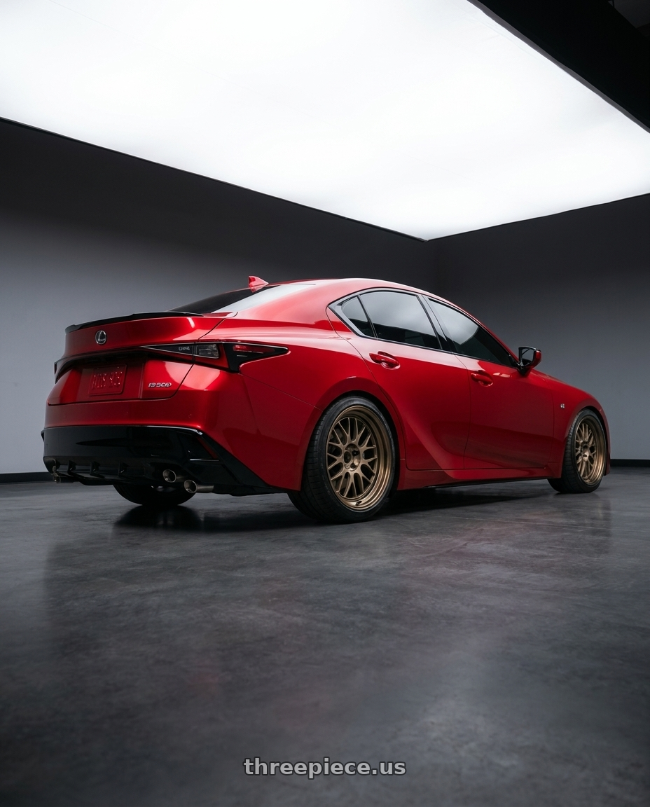 2023 Lexus IS500 with Volk Racing 21A 5x114.3 18X9.5+30  Bronze wheels rear three quarter view square tires