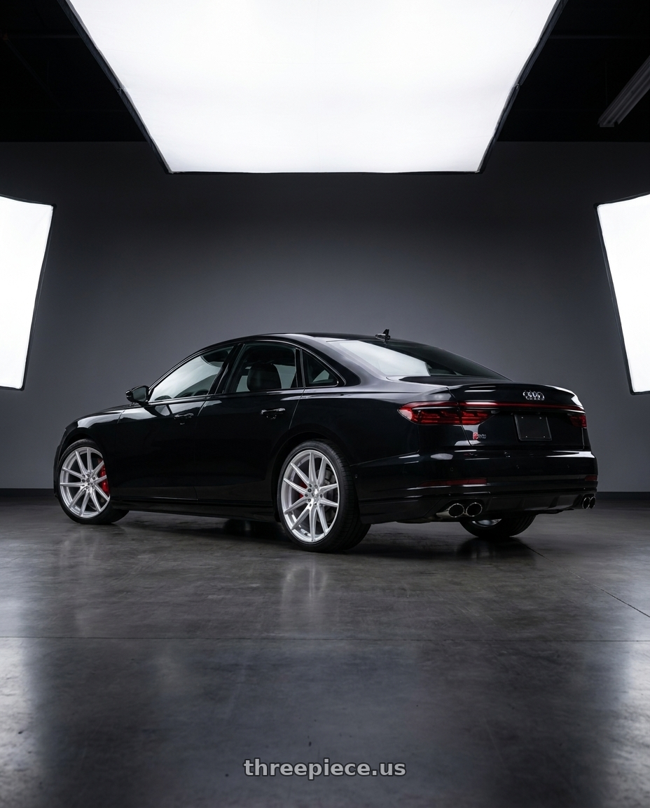 2025 Audi S8 with TSW IMOLA 5x112 20x9 +20 Gloss Silver W/ Machined Face wheels rear three quarter view square tires
