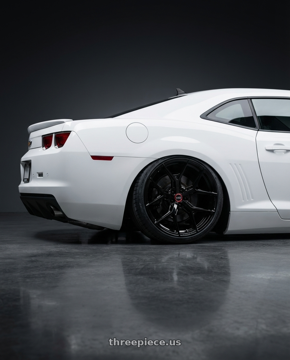 2014 Chevrolet Camaro 5th Gen with Vossen HF-5 20x9 / 5x120 / ET35 / Flat Face / 72.56 - Gloss Black Wheel - HF5-0B01 wheels rear three quarter view slight stretch tires