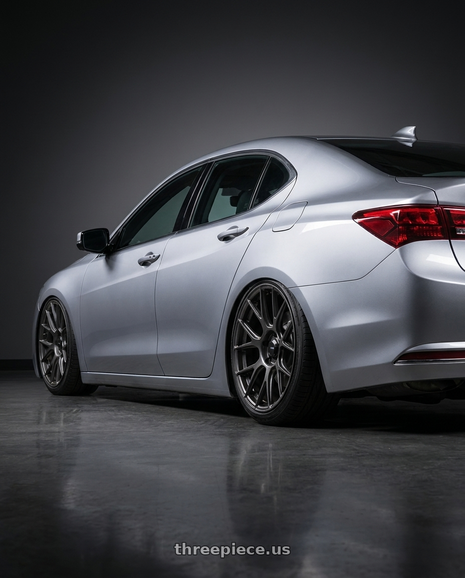 2019 Acura TLX with Konig Ampliform 5x114.3 20x8.5+30 Dark Metallic Graphite wheels rear three quarter view slight stretch tires
