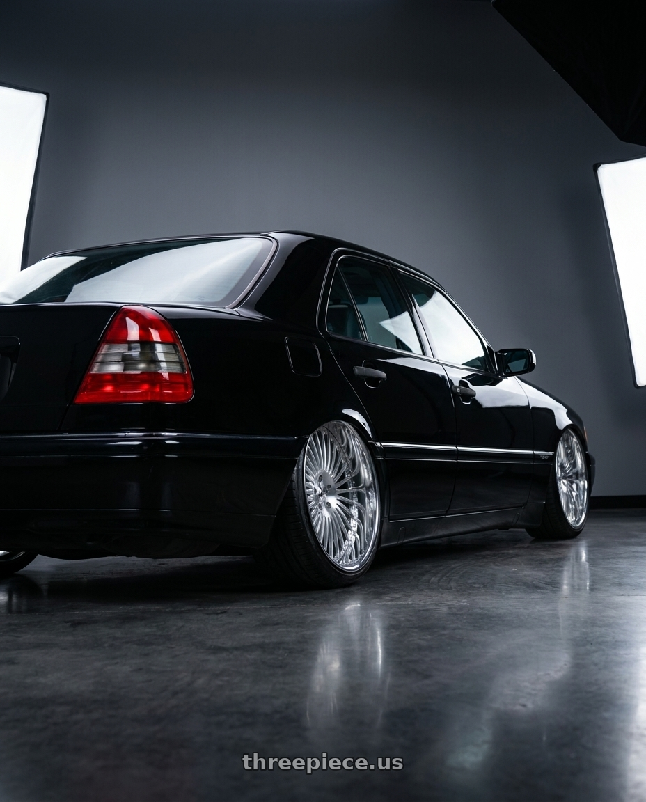 1996 mercedes-benz c280 base black with Amani R.E.A.L. 5x112/5x120 22x9 +32 Brush Center Chrome Lip wheels rear three quarter view extreme stretch tires