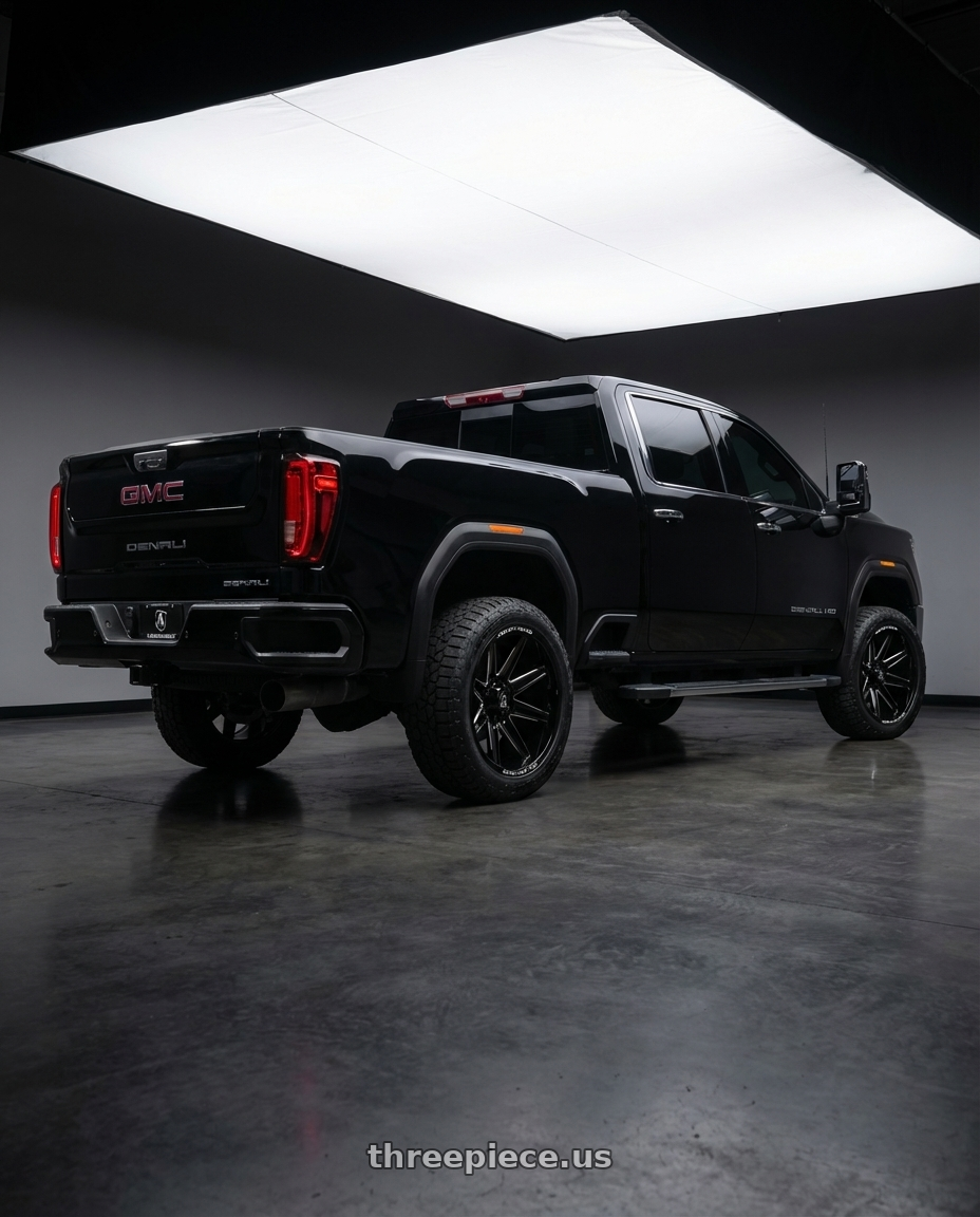 2020 gmc seirra 2500 hd duramax denali with Axe ARTEMIS 8x180 22X10 -19 GLOSS BLACK MILLED wheels rear three quarter view square tires