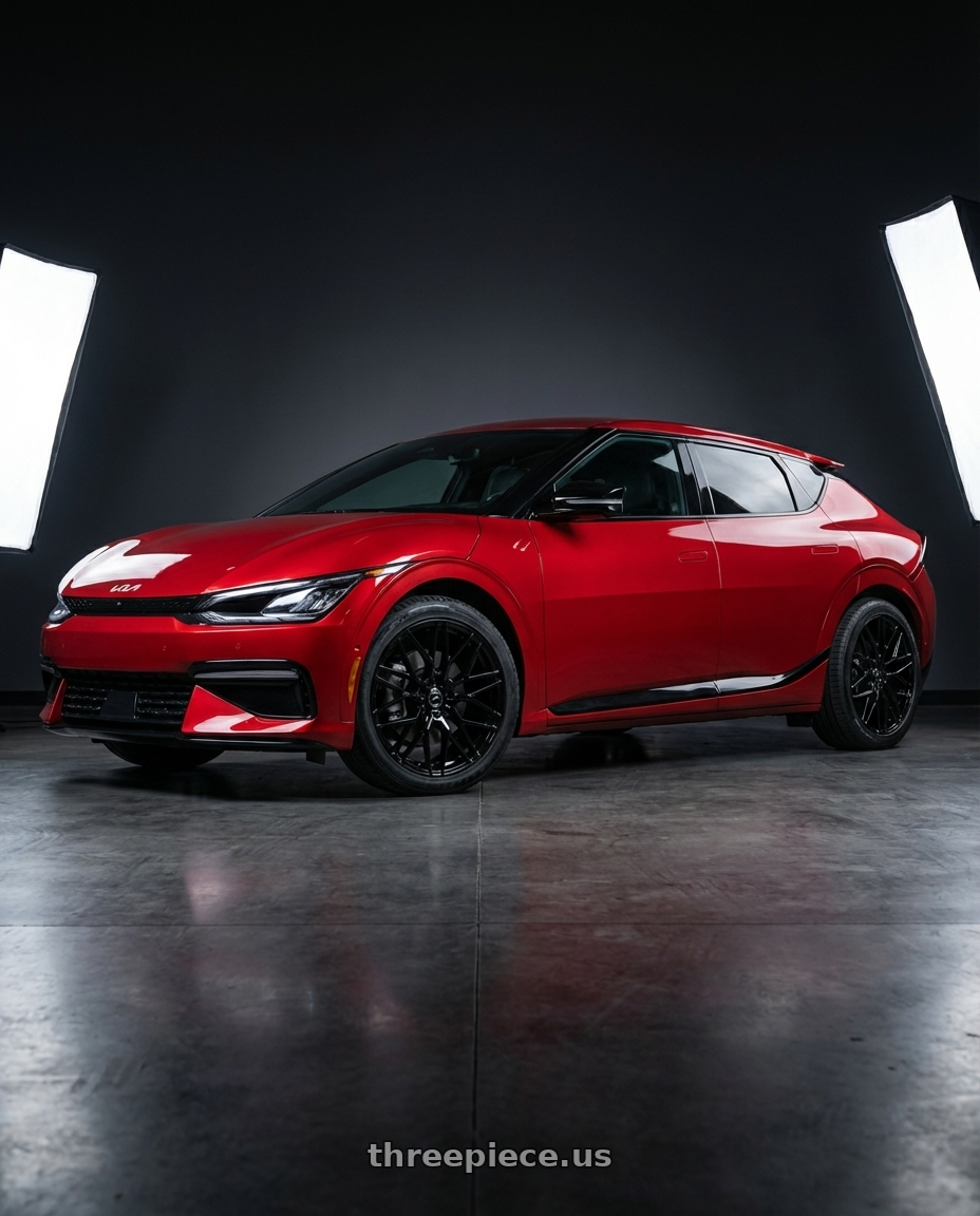 2024 kia ev6 with Platinum 459BK Retribution 5x114.3 20x8.5 +40 Gloss Black with Clear-Coat wheels front three quarter view stock stance