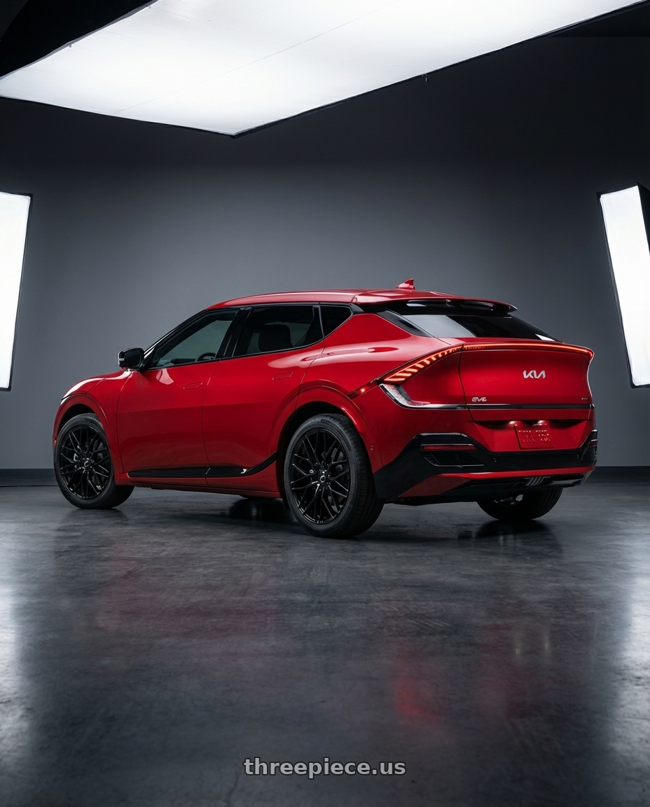 2024 kia ev6 with Platinum 459BK Retribution 5x114.3 20x8.5 +40 Gloss Black with Clear-Coat wheels rear three quarter view square tires