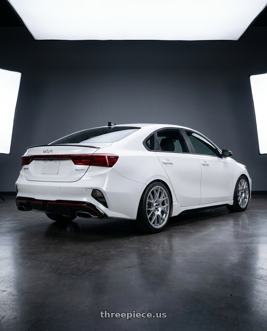 2023 kia forte gt limited  with BBS CH-R 5x114.3 19x8 +38 Brilliant Silver Polished Rim Protector wheels rear three quarter view square tires
