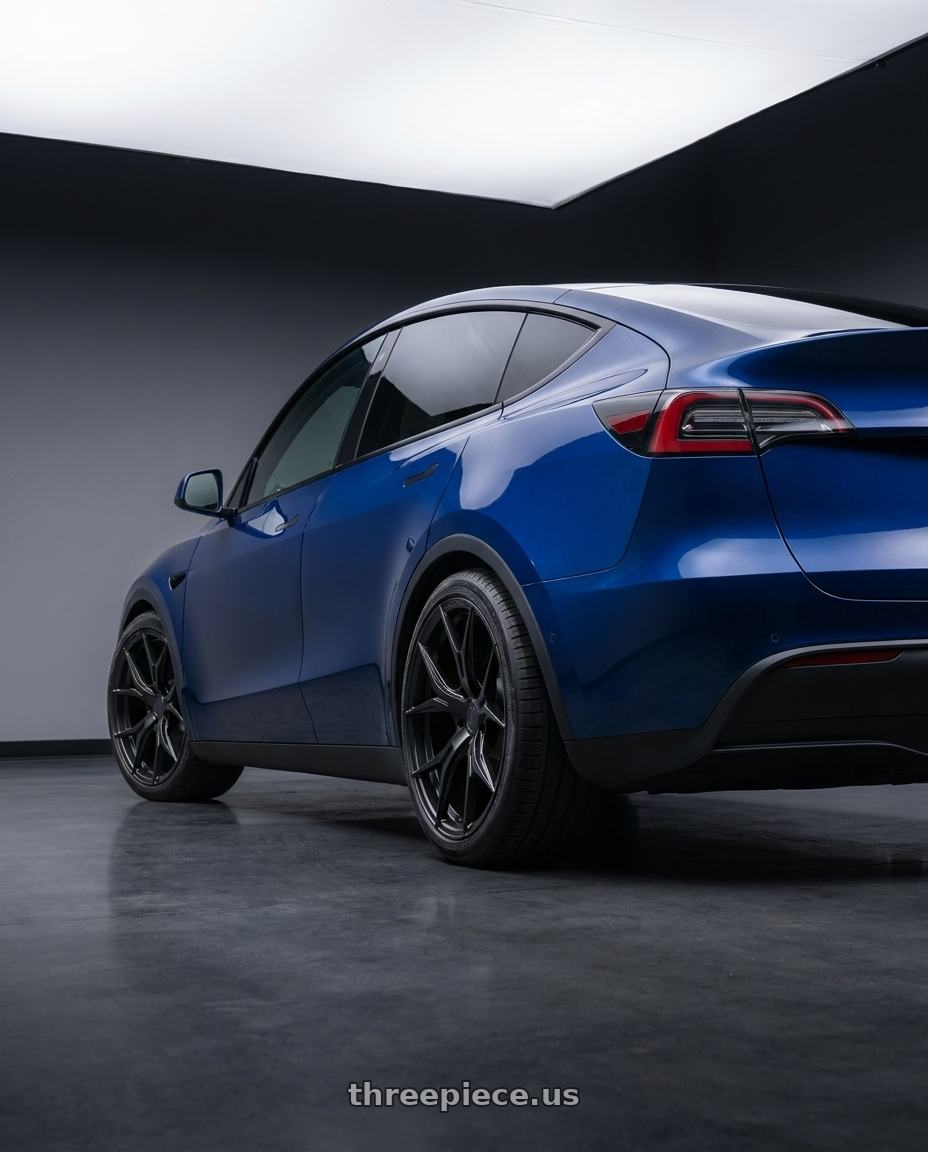 2026 Tesla model Y with Rohana RFX5 5x114.3 20x10+40 Matte Black wheels rear three quarter view square tires
