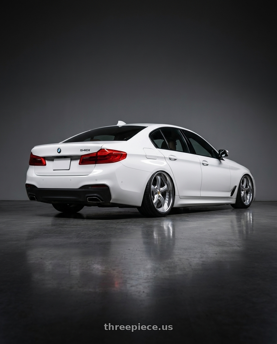 2019 bmw 540i alpine white with Work Wheels VS-KF 5X114.3 19x9+20 Light Grey Silver R Disk FULL REVERSE wheels rear three quarter view slight stretch tires