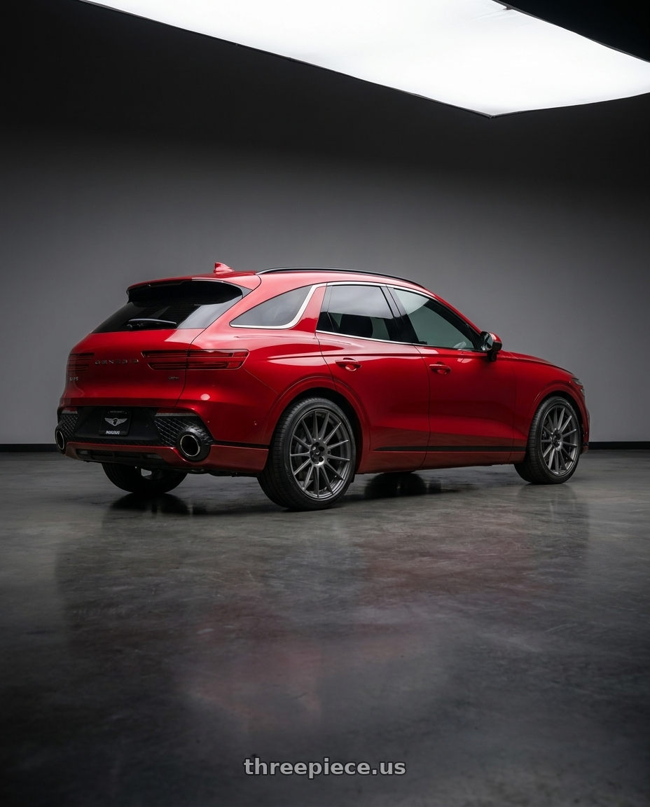 Red 2023 GV70 with Konig Rennform 5x112 18x9+45 Matte Grey wheels rear three quarter view square tires