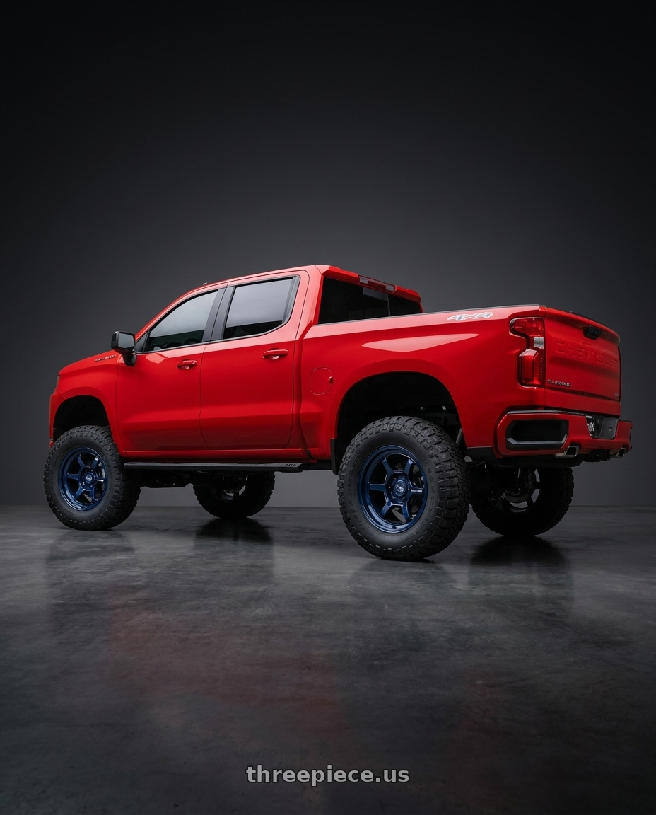 2020 Chevy silverado  with Black Rhino SHOGUN 6X139.7 17X9 -38 GLOSS MIDNIGHT BLUE wheels rear three quarter view meaty tires