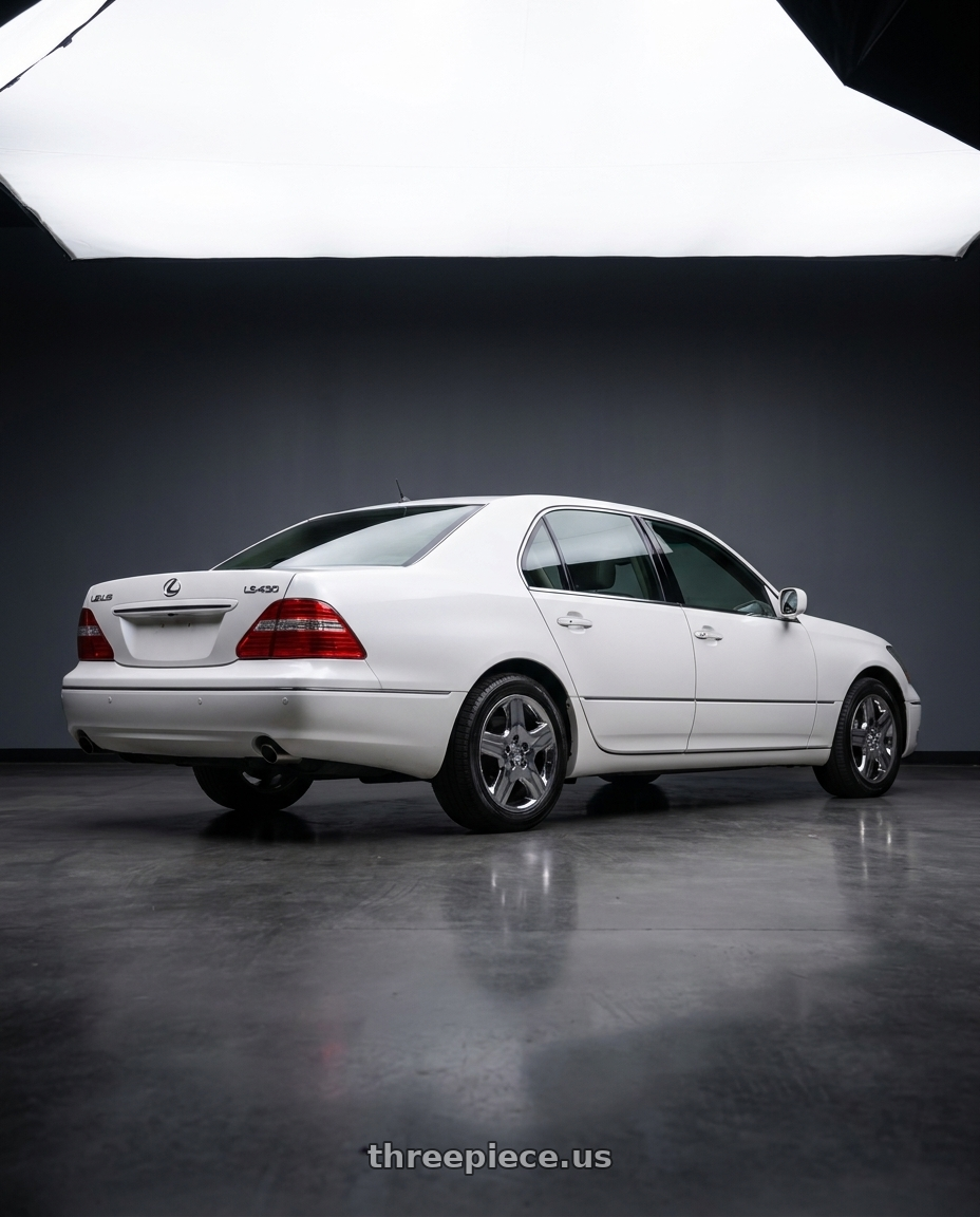2004 Lexus LS430 Base with OE Wheels LX19 5x114.3 18x8+35 Chrome wheels rear three quarter view square tires