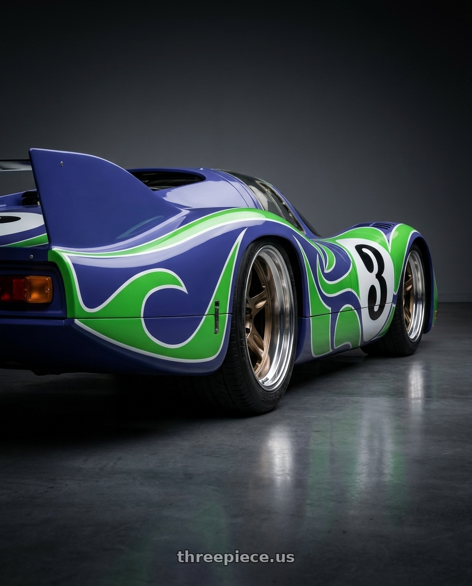 1970 Porsche 917 LH with Volk Racing 21C SPEC-SR 5x114.3 18x10.5 +15 SHINING BRONZE METAL / RIM DC wheels rear three quarter view square tires