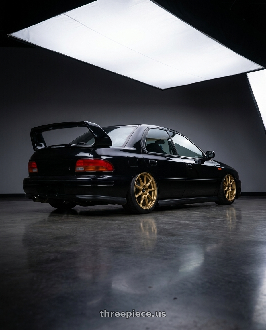 1998 Subaru Impreza GC8 with Enkei TS10 5x100 17x8+45 Gold wheels rear three quarter view square tires