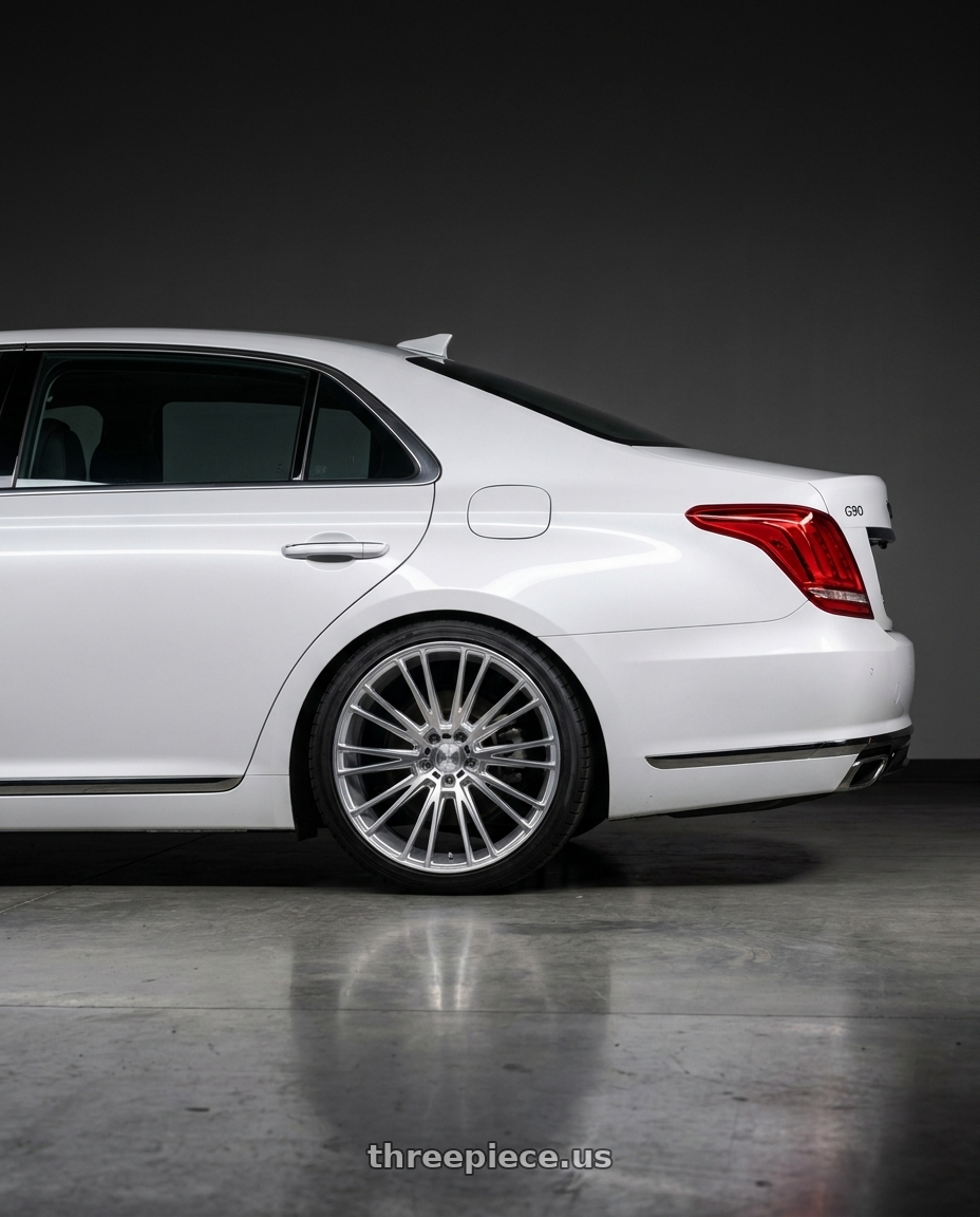 2018 genesis g90 ultimate with Axe CF2 5x114 20X10+40 SILVER wheels rear three quarter view square tires