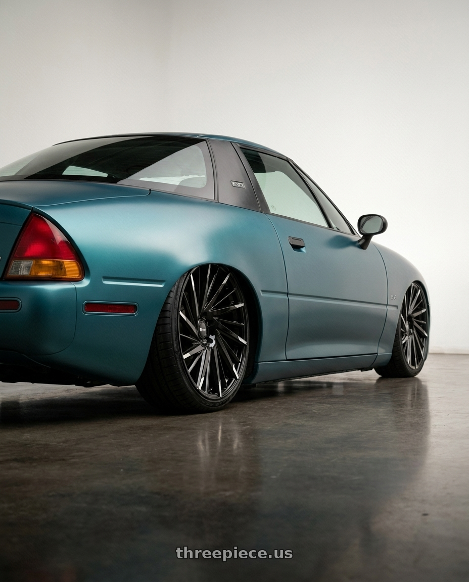 1997 Gm ev1 with ECLIPSE 105 5X114.3 20x8.5 +38 GLOSS BLACK MILLED TIPS wheels rear three quarter view slight stretch tires