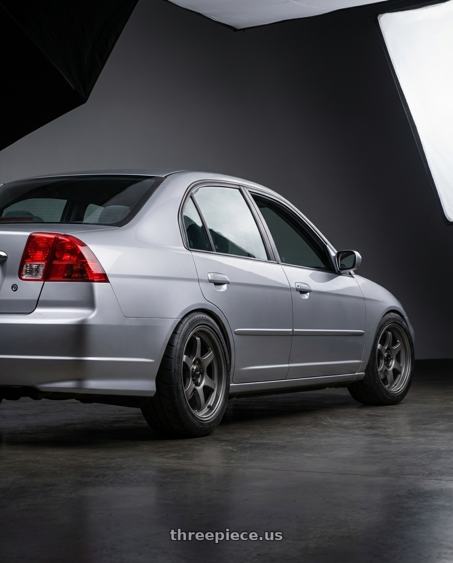 2002 Civic sedan Silver with Konig Hypergram 4x100 16x7.5+38 Matte Grey wheels rear three quarter view meaty tires