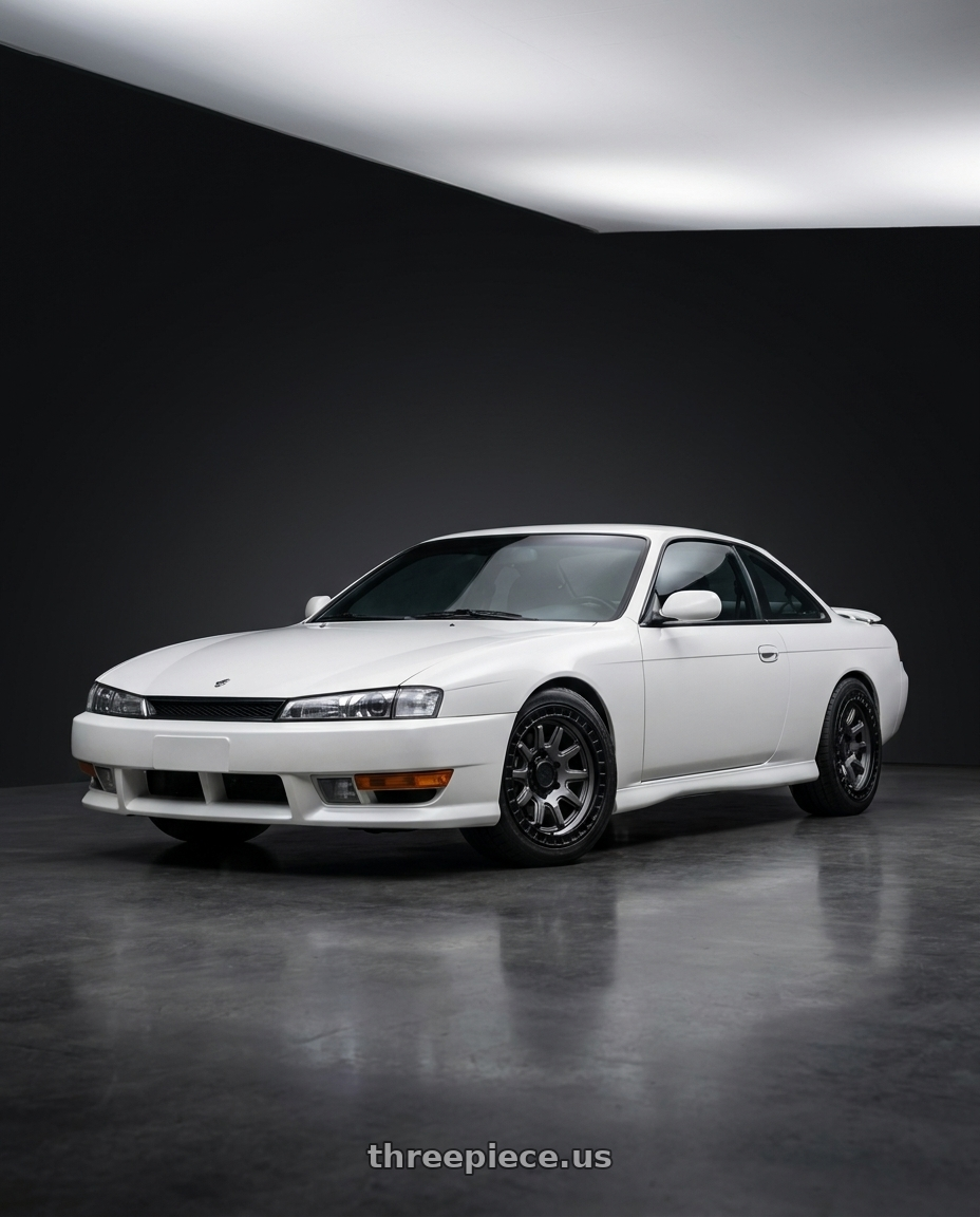 Nissan 240sx 1999 fitted with Black Rhino CALICO 5X127 17X8.5 +34 MATTE GUNMETAL W/ MATTE BLACK LIP $450 wheels