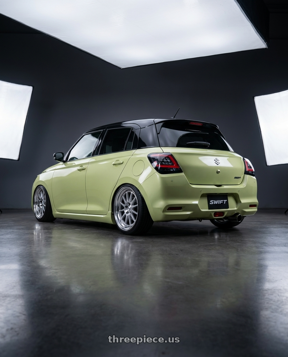 2026 Suzuki Swift with Work Seeker Fx 4x100 16x6.5+22 O Disk Matte Silver Polish wheels rear three quarter view square tires