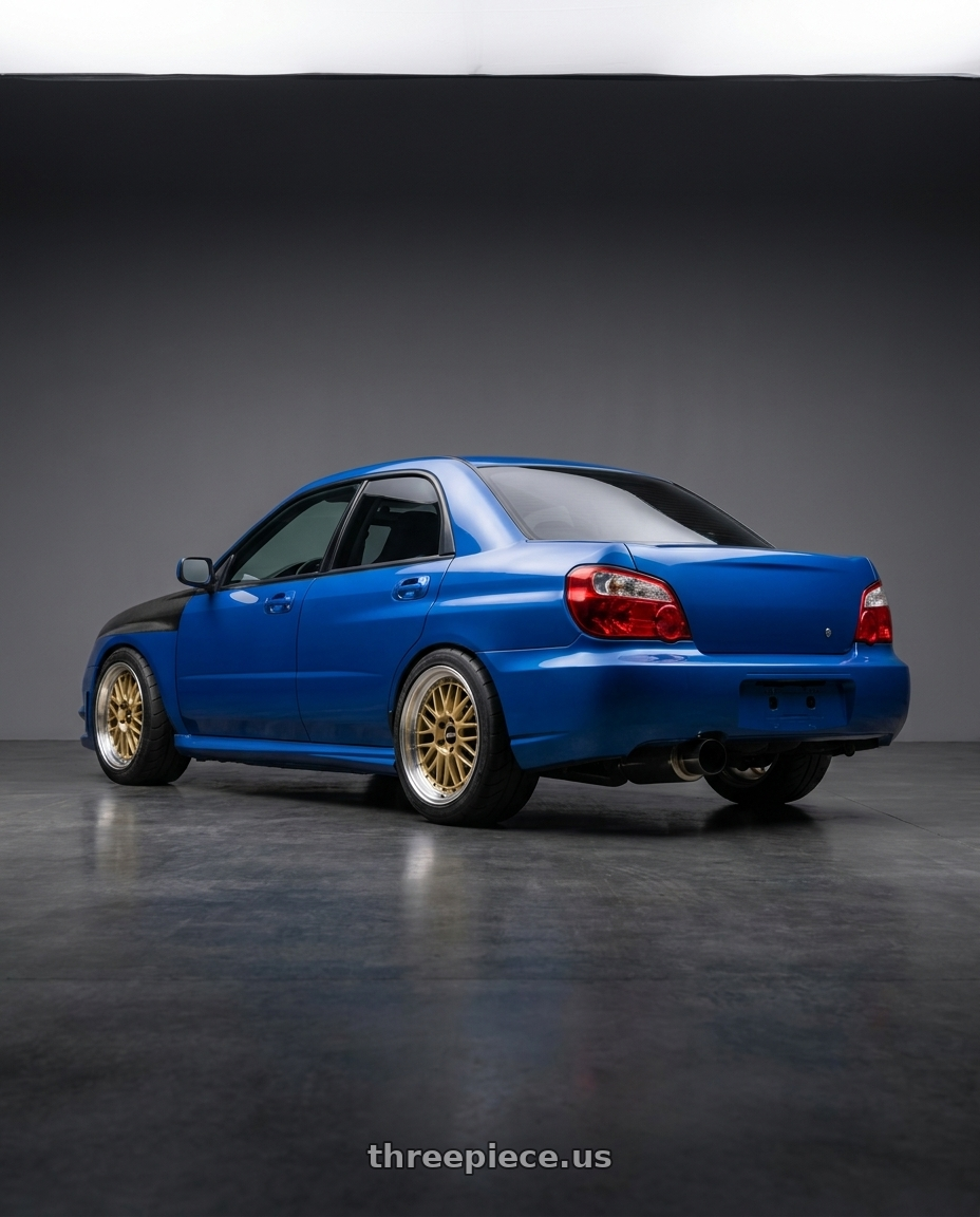 2007 Subaru wrx tr laguna with BBS LM 5x114.3 18x9.5 +38 Gold Center Diamond Cut Lip wheels rear three quarter view meaty tires