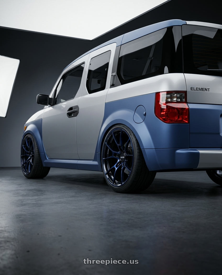 2006 Honda Element with Volk Racing G025 5x114.3 20x10 +35 DARK BLUE / DC wheels rear three quarter view extreme stretch tires