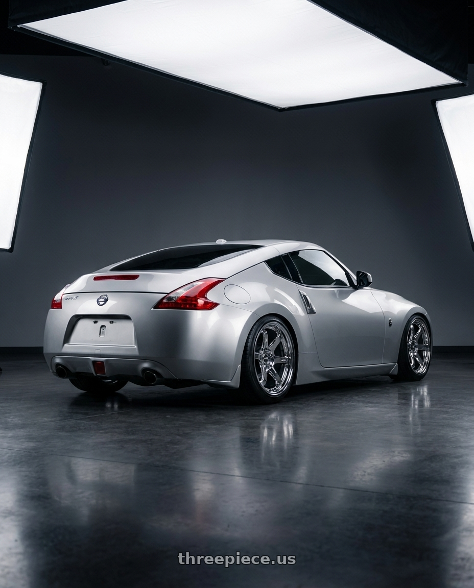 2009 Nissan 370z base with ESR Wheels APX6 5x114.3 19x9.5 +22 Vacuum Chrome wheels rear three quarter view slight stretch tires