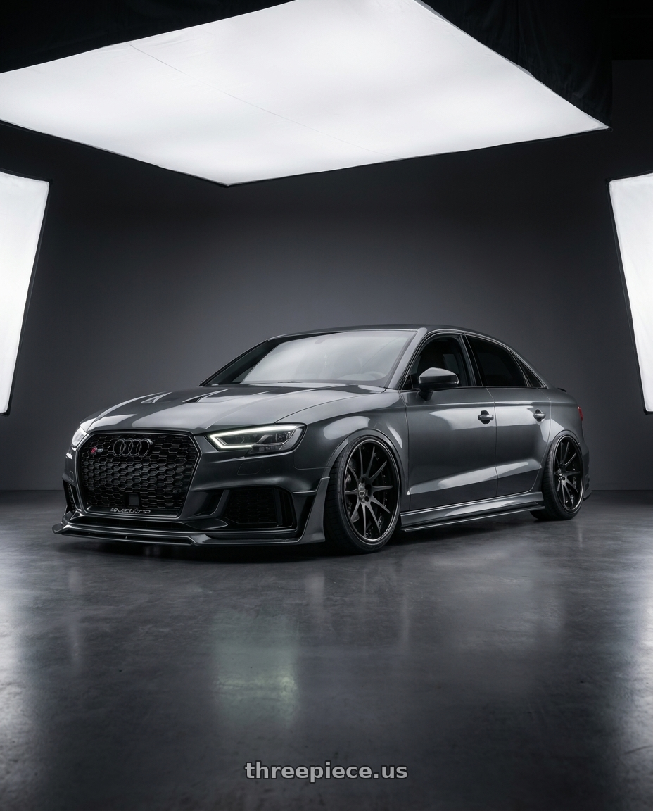 2015 Audi S3 with EXECUTOR CV01S 5X112 20X10.5+38 NR Disk Flat Black wheels front three quarter view lowered stance