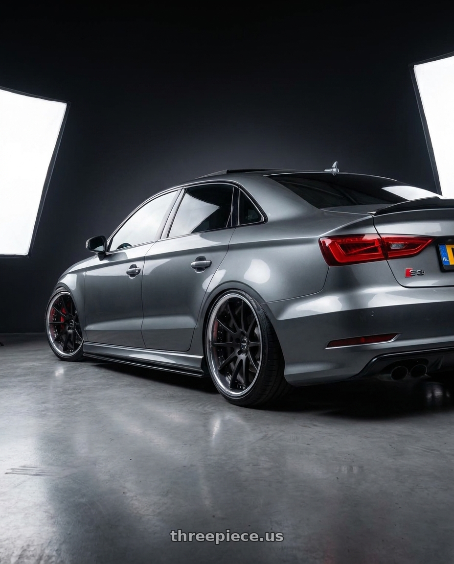 2015 Audi S3 with EXECUTOR CV01S 5X112 20X10.5+38 NR Disk Flat Black wheels rear three quarter view extreme stretch tires