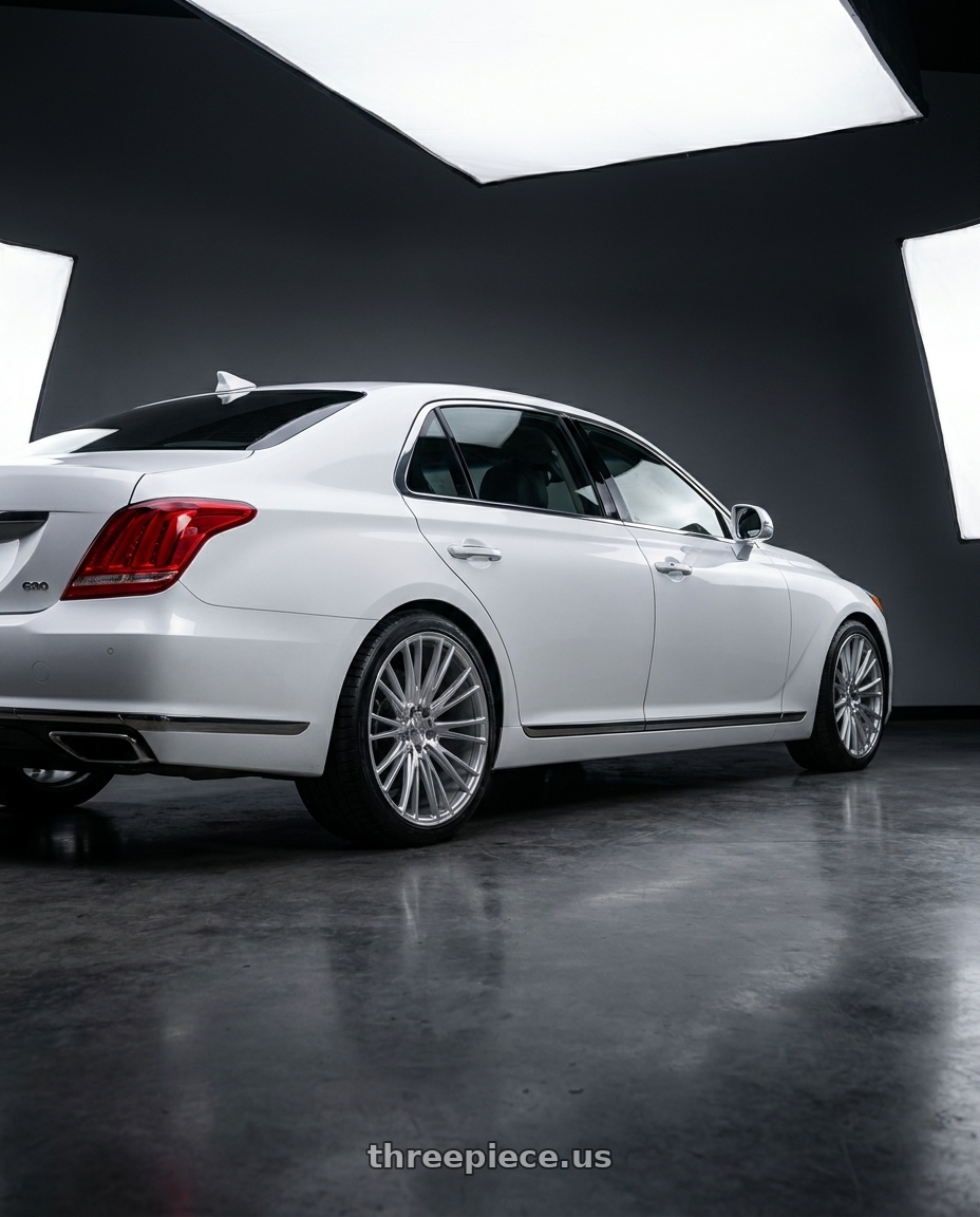2018 genesis g90 ultimate with Axe CF2 5x114 20X8.5+40 SILVER wheels rear three quarter view square tires
