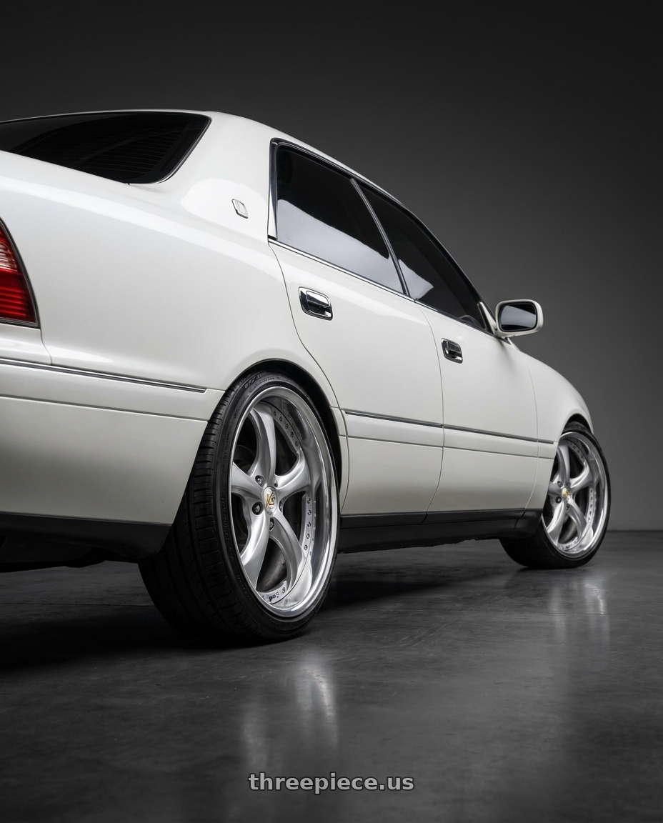 1997 Toyota crown with Work Wheels VS-KF 5x114.3 18x9.5-17 Light Grey Silver A Disk FULL REVERSE wheels rear three quarter view slight stretch tires