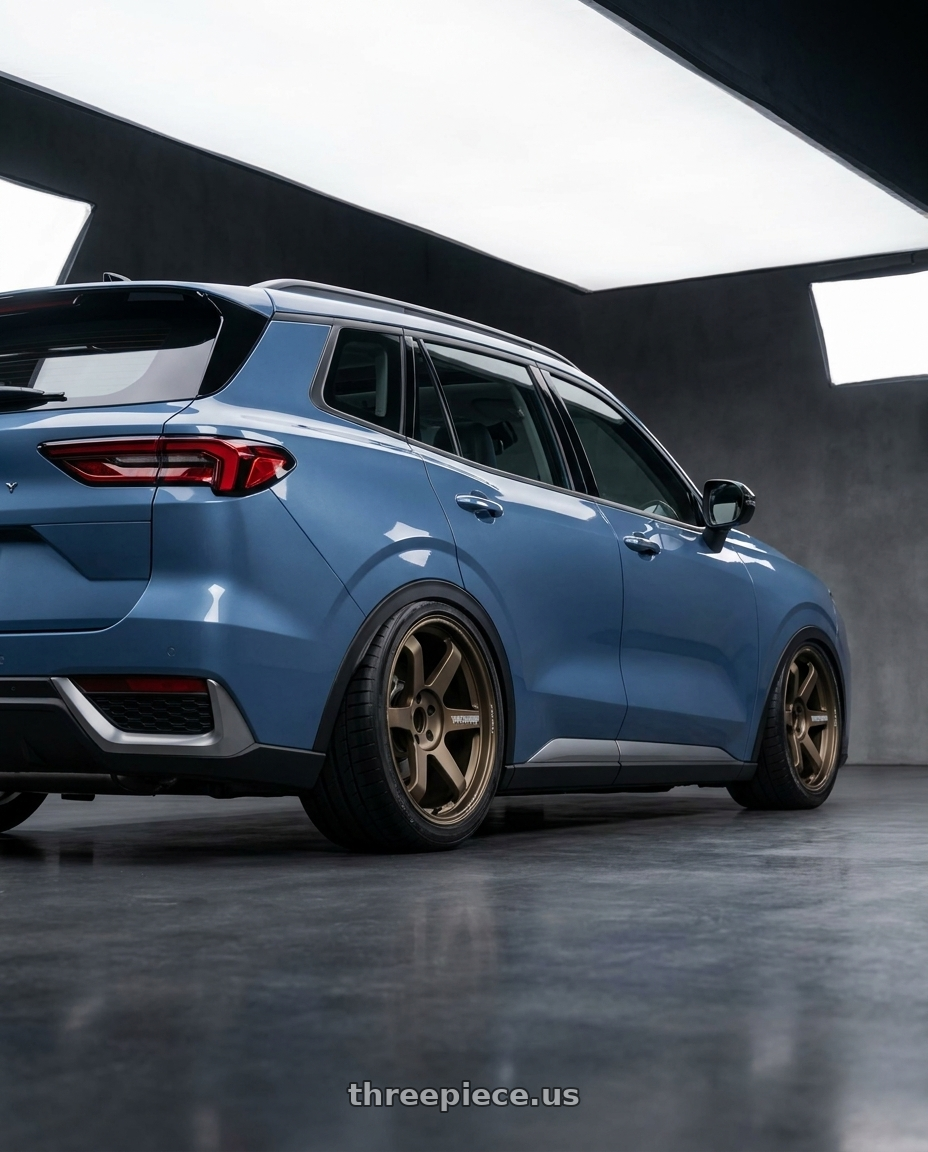 2026 ford territory,blue with Volk Racing TE37 Ultra M Spec 5x112 19x9.5+23 19x10.5+35 Bronze Almite Toyota Supra MK5 Spec wheels rear three quarter view square tires