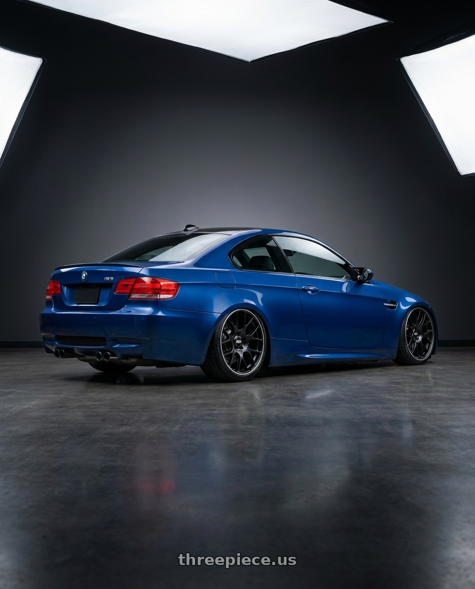 2008 Bmw e92 m3 with BBS CH-R 5x115 20x9 +24 Satin Black Polished Rim Protector wheels rear three quarter view slight stretch tires