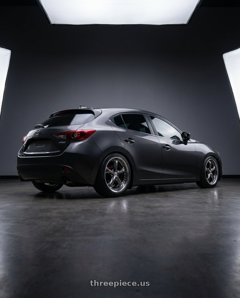 2016 mazda 3 with Work Wheels VS-KF 5x114.3 18x8.5+40 Brilliant Silver Black O Disk FULL REVERSE wheels rear three quarter view square tires