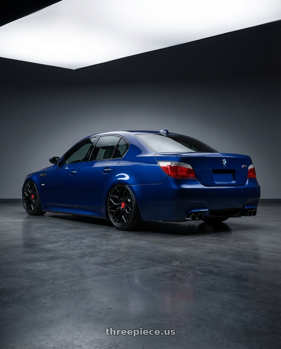 2010 BMW M5 E60 with Vossen HF-2 20x9 / 5x120 / ET35 / Flat Face / 66.9 - Gloss Black Wheel - HF2-0B03 wheels rear three quarter view slight stretch tires