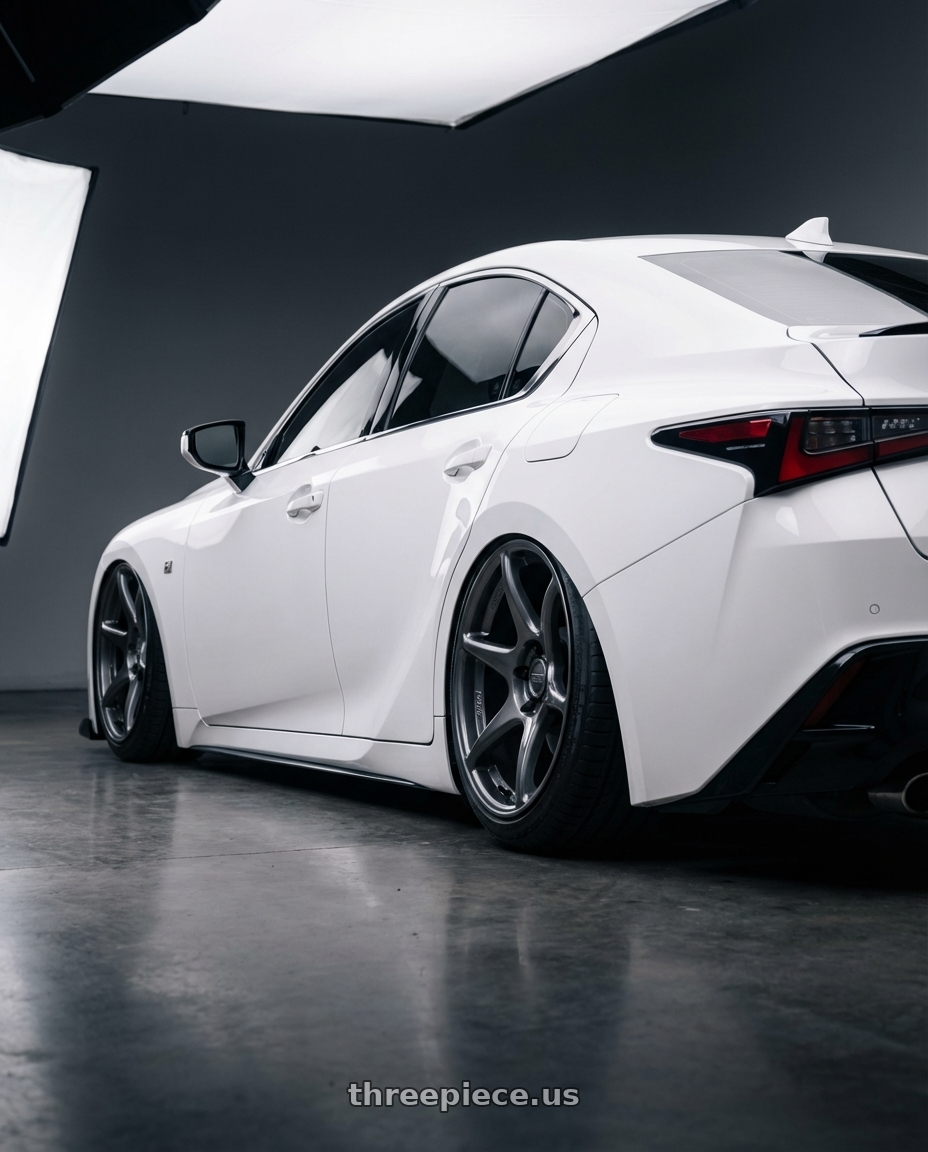 2024 Lexus IS 350 with Kansei K11G Tandem 5x114.3 19x10.5 12 Gunmetal wheels rear three quarter view slight stretch tires