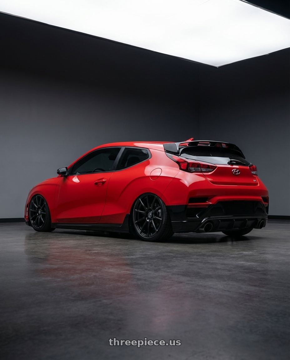 2022 Hyundai Veloster N with Forgestar CF10 5x114.3 19x9.5 +29 Gloss Black wheels rear three quarter view slight stretch tires