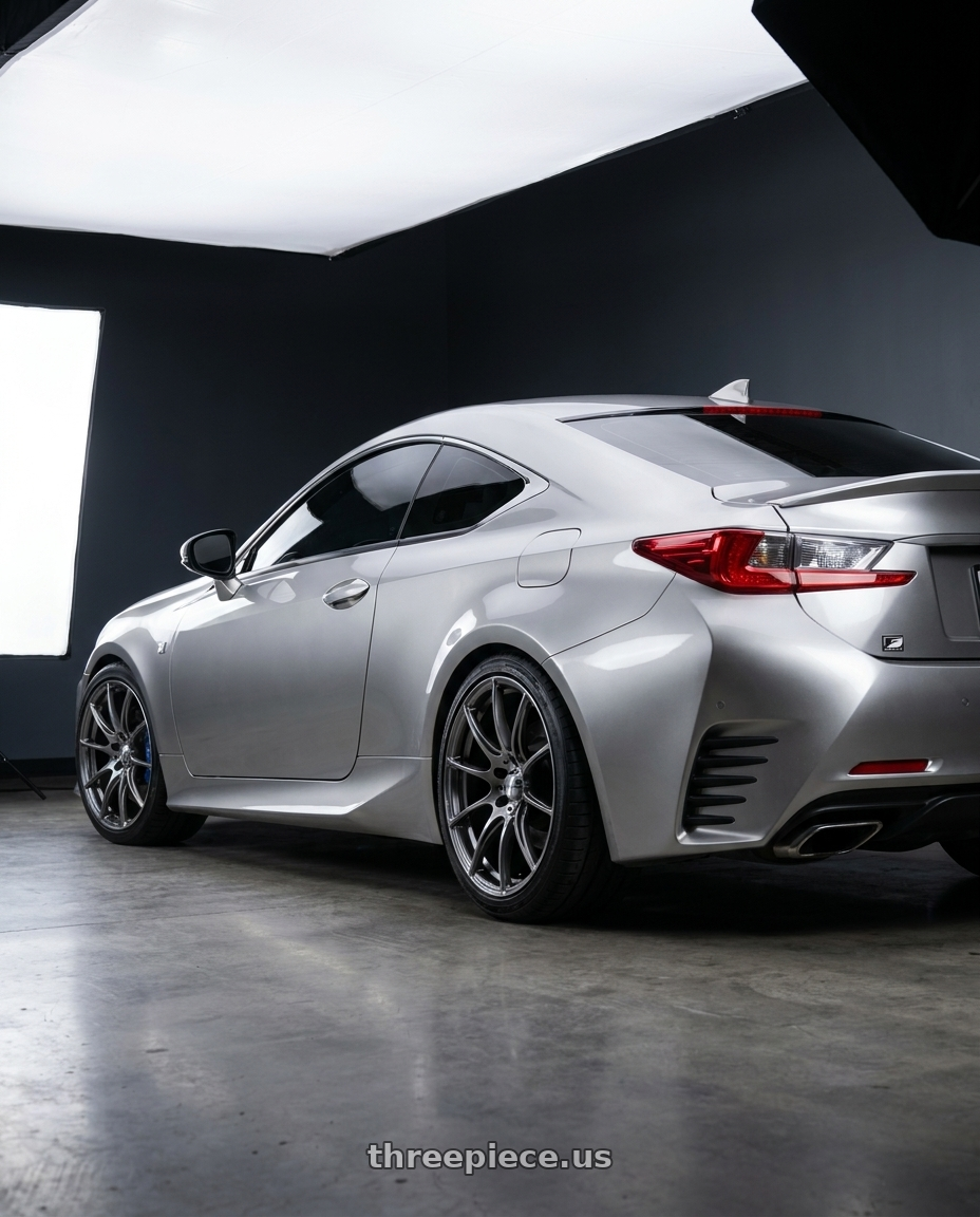 2016 Lexus RC 350 F Sport with WedsSport SA-25R 5x114.3 18x9.5+38 Platinum Silver Black wheels rear three quarter view square tires