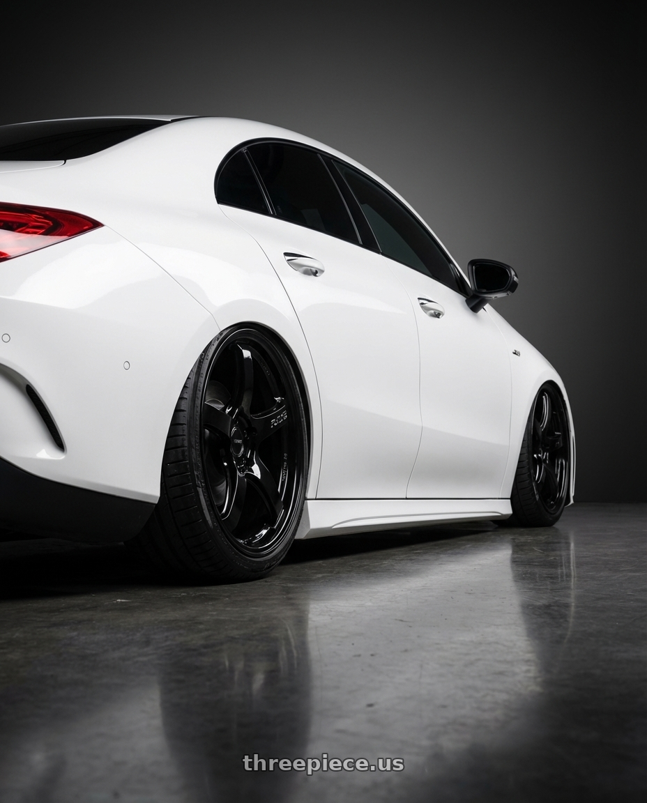 2023 Mercedes-Benz CLA C118 with Gram Lights 57CR 5x112 19x9.5+45 Glossy Black wheels rear three quarter view slight stretch tires