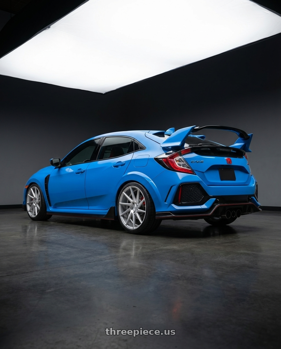 2020 Honda Civic Type R with Niche 1PC M112 SURGE 5X120 19X8.5 +35 GLOSS SILVER MACHINED wheels rear three quarter view square tires