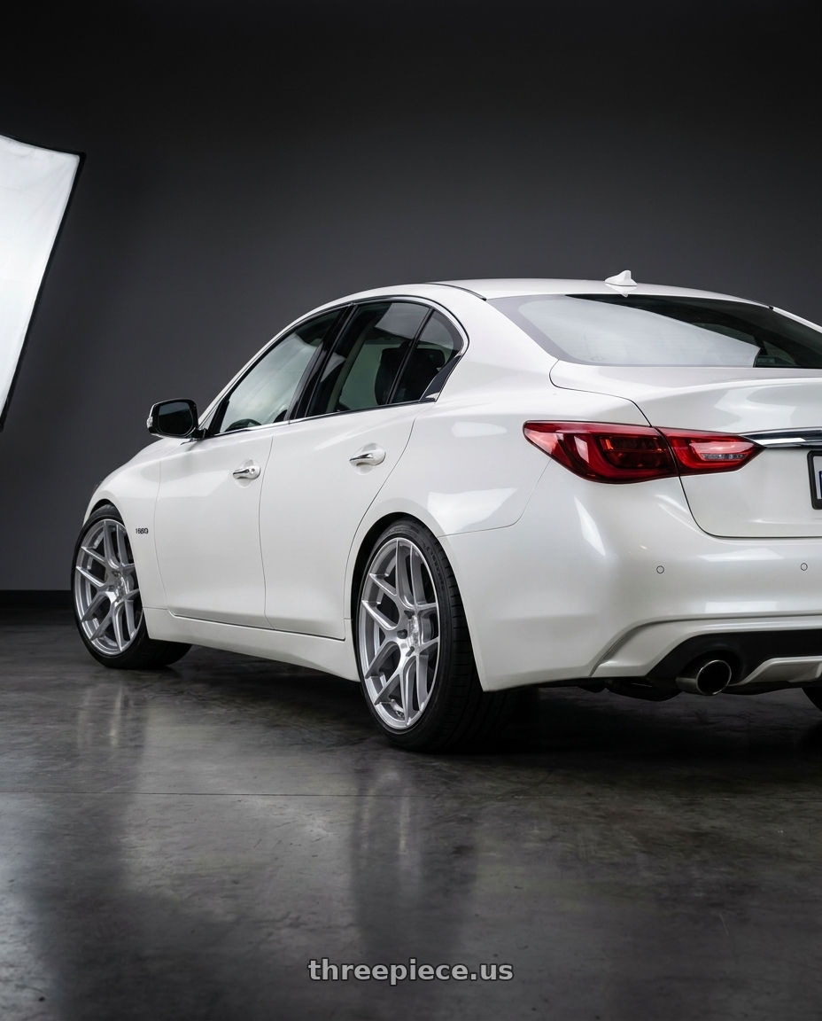 2020 Infiniti Q50 with Aodhan AFF2 5x114.3 19x9.5+35 Gloss Silver Machined Face wheels rear three quarter view square tires