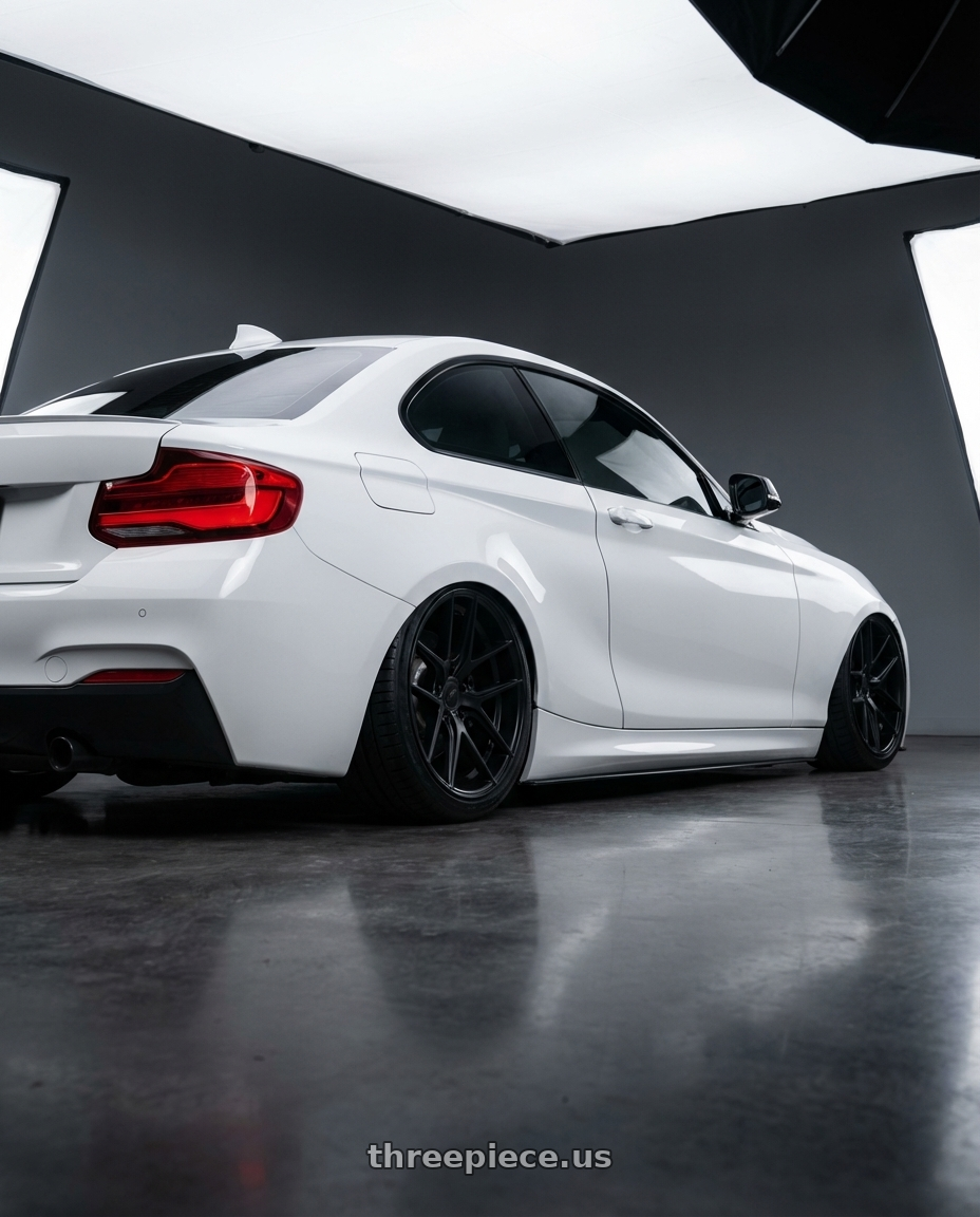 2018 BMW 2 Series F22 with Niche 1PC M117 MISANO 5X120 19X8.5 +35 MATTE BLACK wheels rear three quarter view slight stretch tires