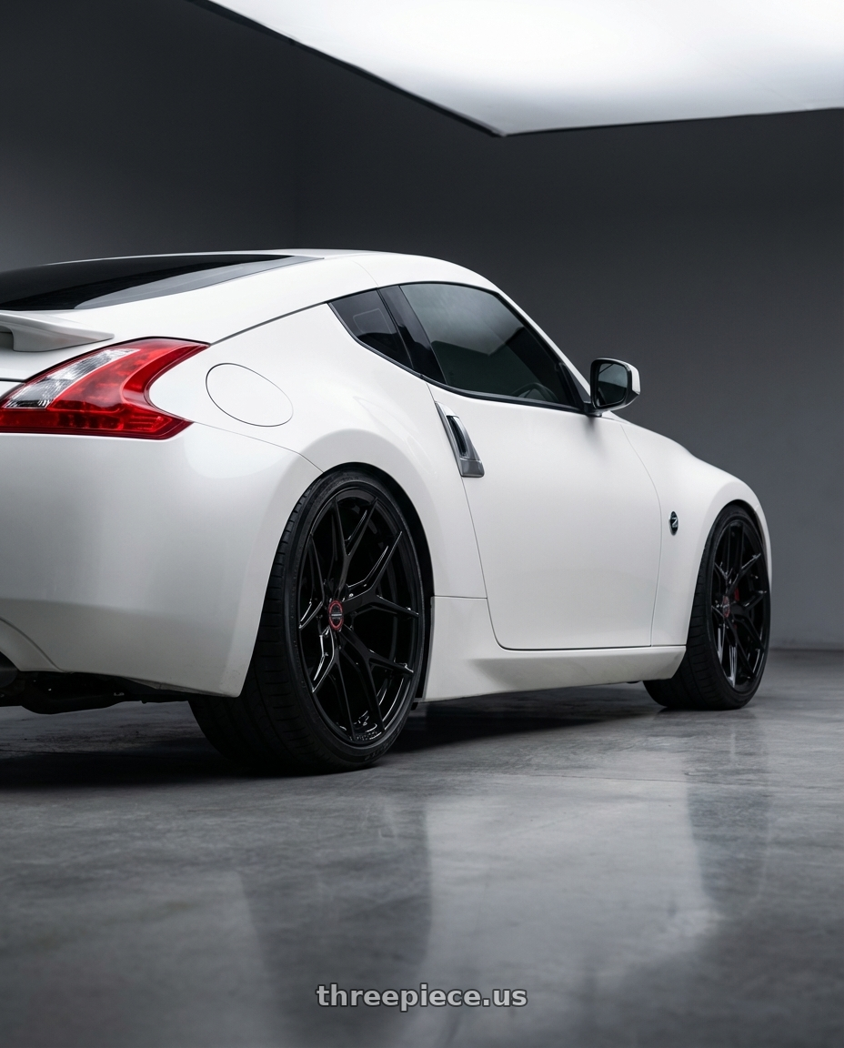 2019 Nissan 370Z with Vossen HF-5 19x8.5 / 5x114.3 / ET32 / Flat Face / 73.1 - Gloss Black Wheel - HF5-9N60 wheels rear three quarter view square tires