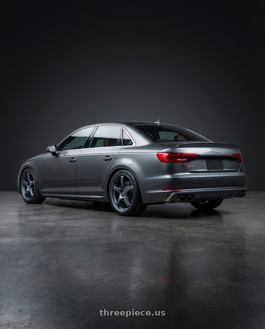 2023 Audi S4 B9 with Gram Lights 57CR 5x112 19x9.5+25 Gunblue II wheels rear three quarter view square tires